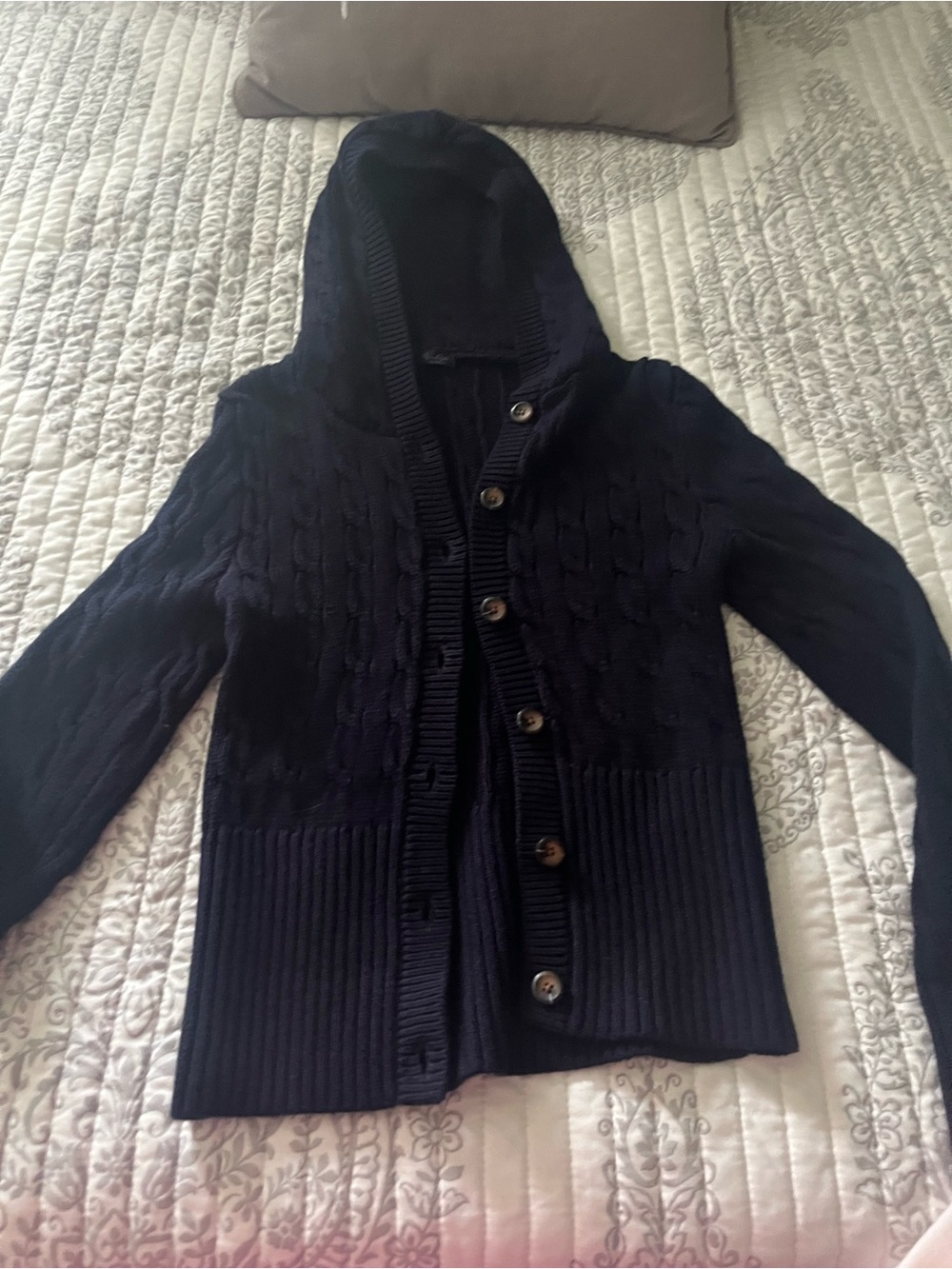 John Galt Blue Cable Knit Button Down Hooded Sweater